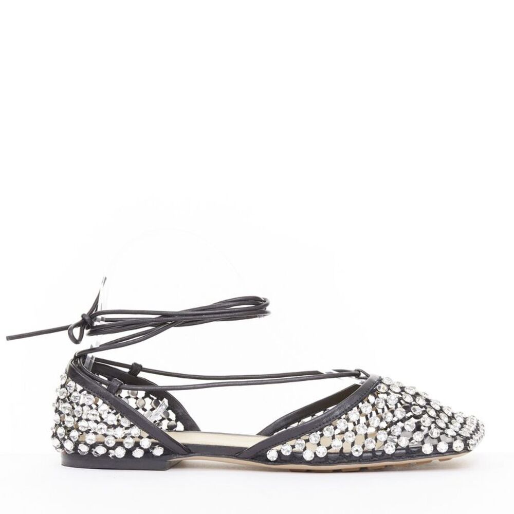 Bottega Veneta Black Leather Crystal Mesh Flats